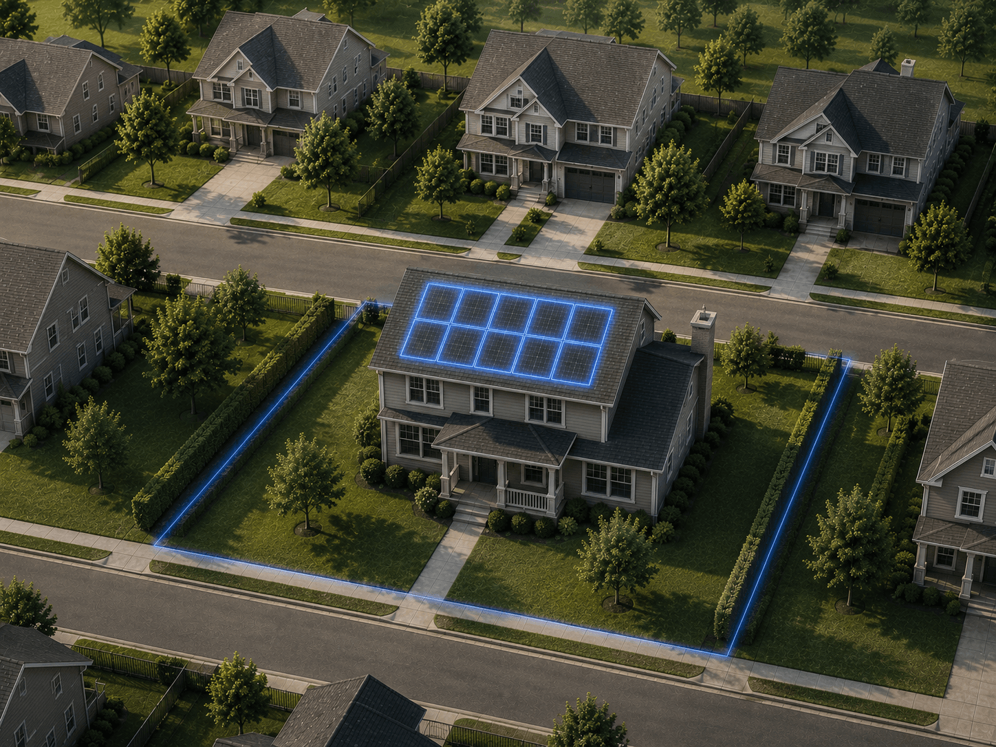Aerial view of a home with solar panel overlay and property boundary